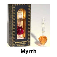 Perfume oil bottle with packaging labeled 'Song of India' and 'Myrrh'.