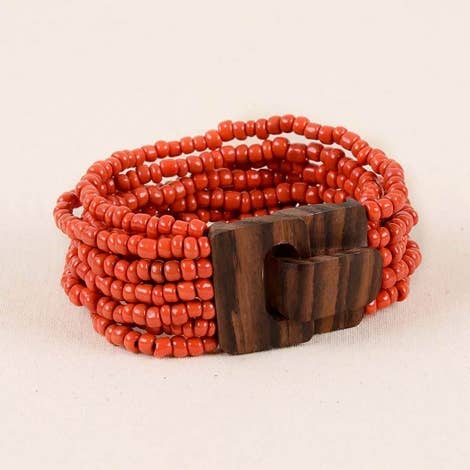 Bali Glass Beads Bracelet with Mini Wood Buckle: Red