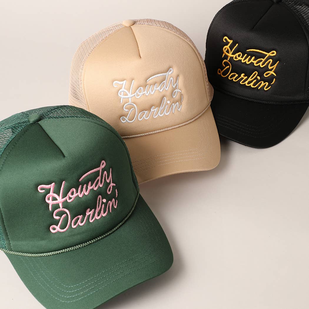 Howdy Darlin' Embroidered Mesh Back Trucker Cap: BLACK / One Size