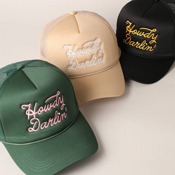 Howdy Darlin' Embroidered Mesh Back Trucker Cap: BLACK / One Size