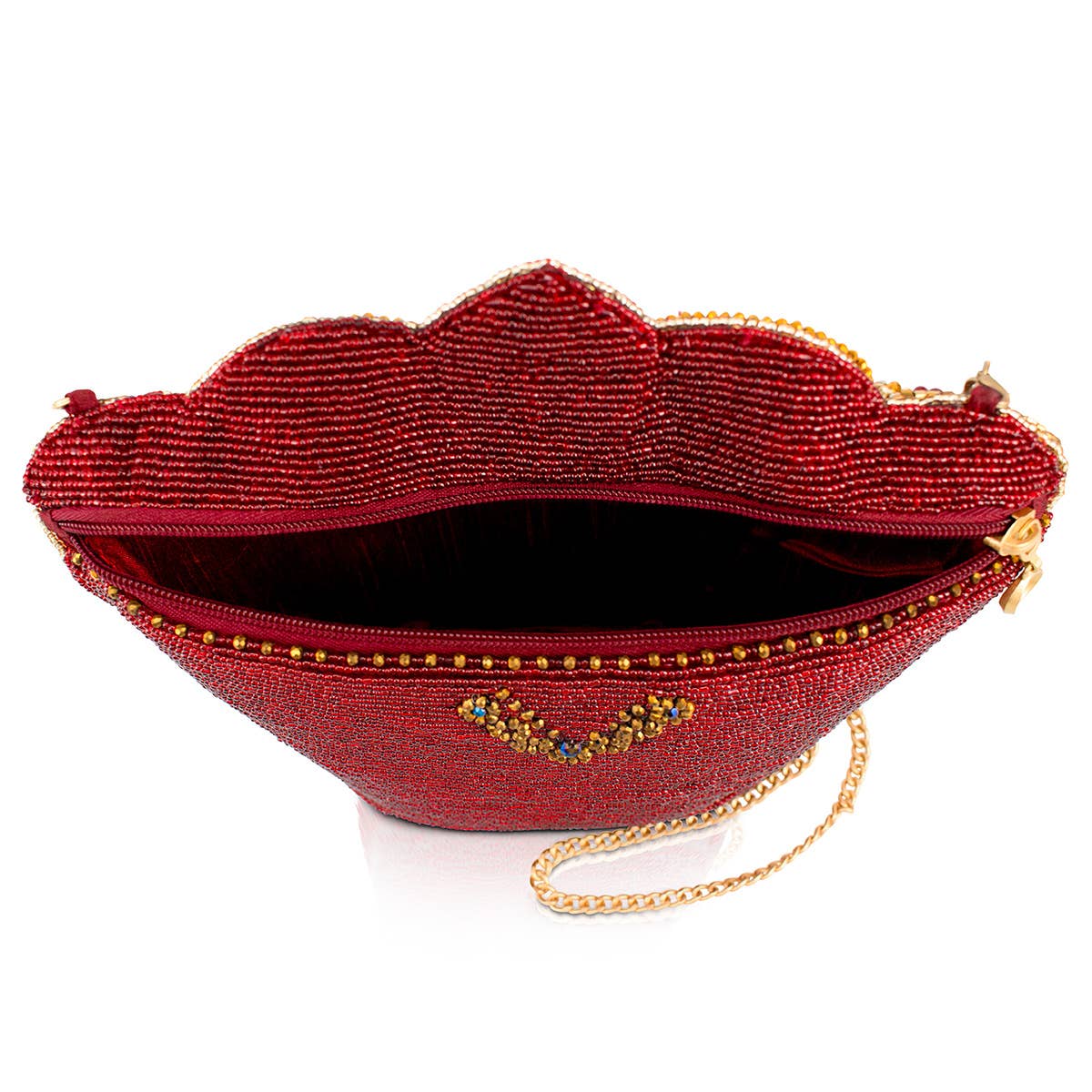 Crimson Queen Red and Gold Crown Beaded Handbag