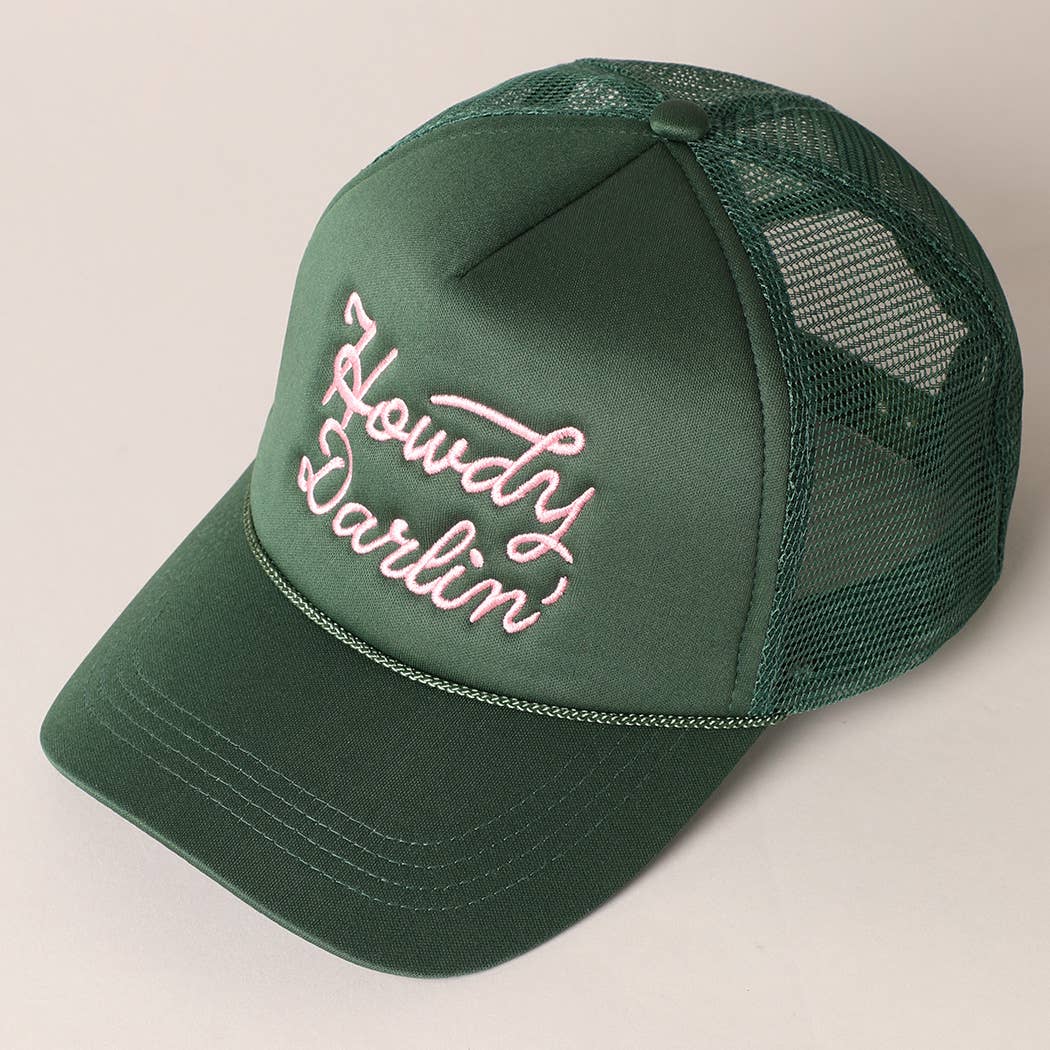 Howdy Darlin' Embroidered Mesh Back Trucker Cap: BLACK / One Size