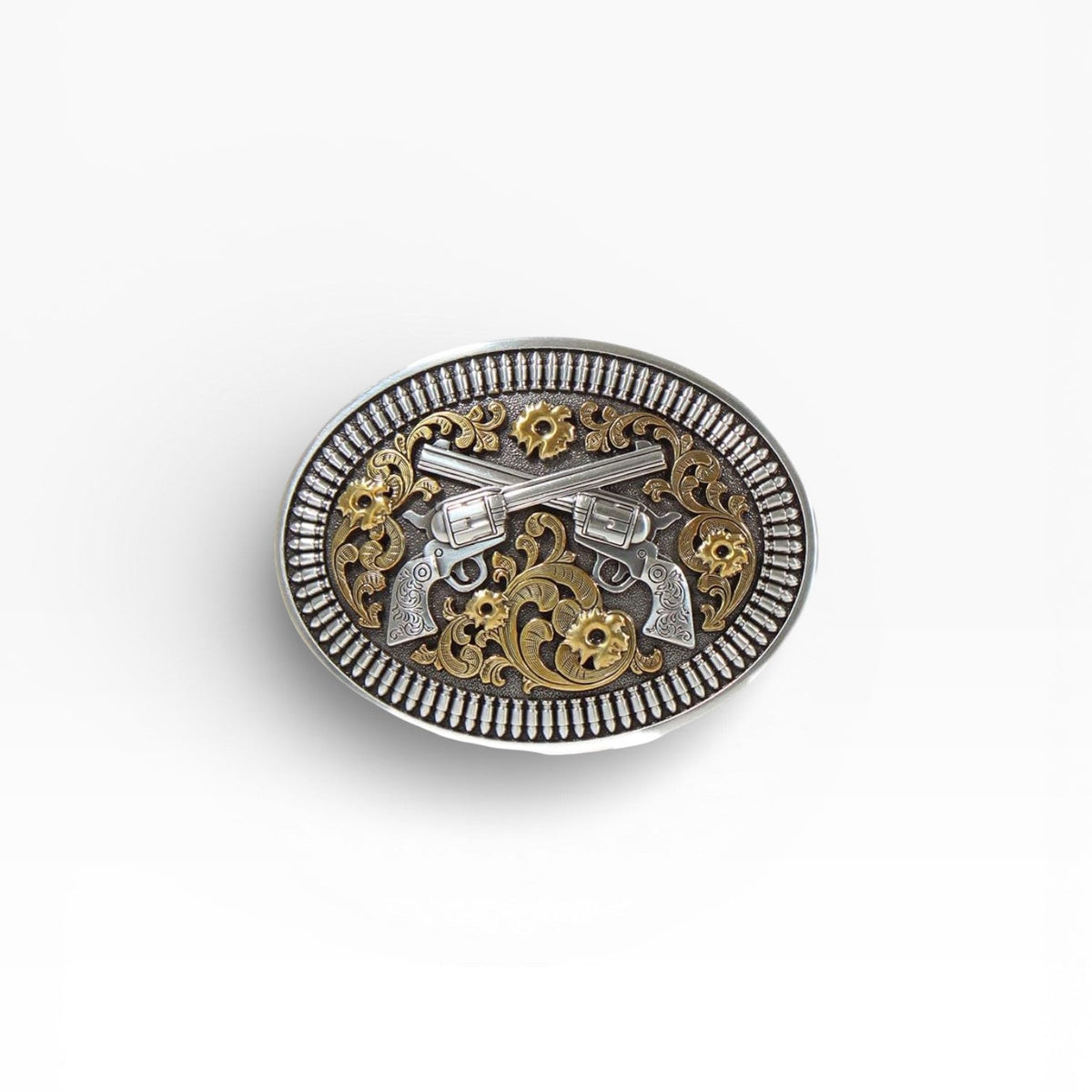 Decorative belt buckle with gun and gear design on a white background
