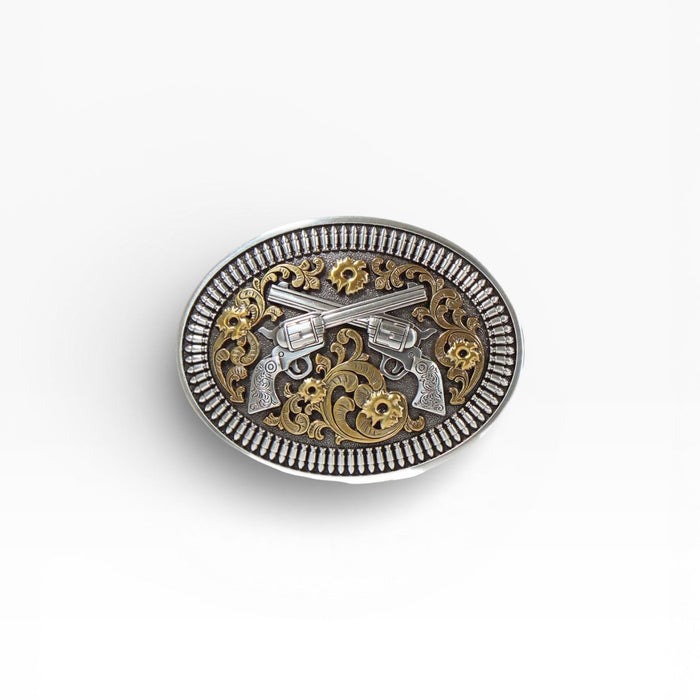 Decorative belt buckle with gun and gear design on a white background