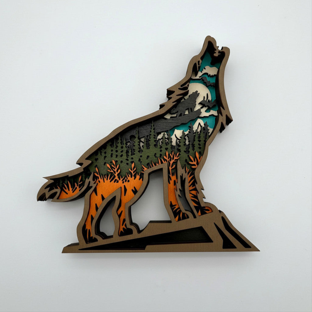 Orange Wolf – Handcrafted Layered Wood Art