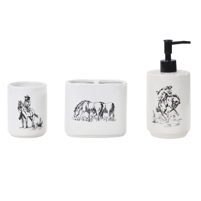 Set of three white ceramic items with black horse illustrations on a white background