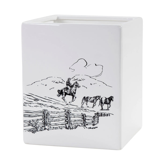White ceramic planter with black horse and mountain design on a white background