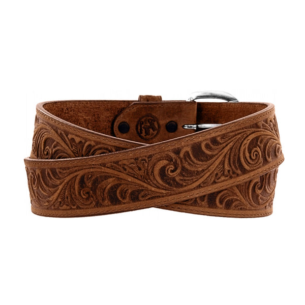 Western Scroll Tooled Belt- Bark