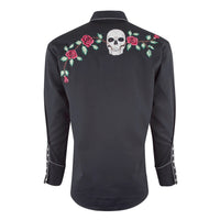 Black shirt with skull and rose embroidery on a white background