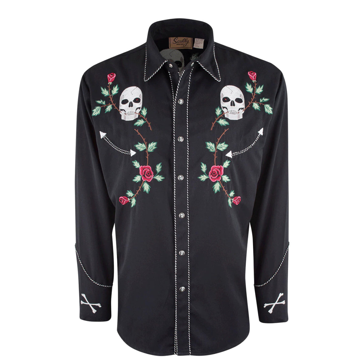 Black shirt with skull and rose embroidery on a white background