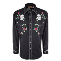 Black shirt with skull and rose embroidery on a white background