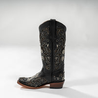 Studio Product photography of: Tanner Mark Boot Venice Black, midnight black  with silver shimmer inlay 
